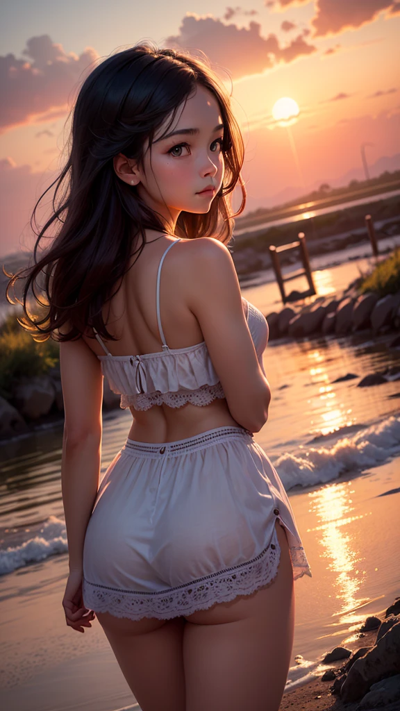 (anime background), a women, (straddling to hit her crotch on the exposed pipe to masturbate), small breast, shirt, open chest, beautiful nipples, ((emphasizes the shape of breast and crotch)), panties dig into crotch, (blush), ((open legs, raise leg)), open mouth, (detail moist panties are visible), ((ecstasy face)), slut, (masturbate), necklace, earrings, dropping eyes, sleepy, put hands behind her back, pubic hair visible, knit, fluffy, long hair up, port in the town by the sea,