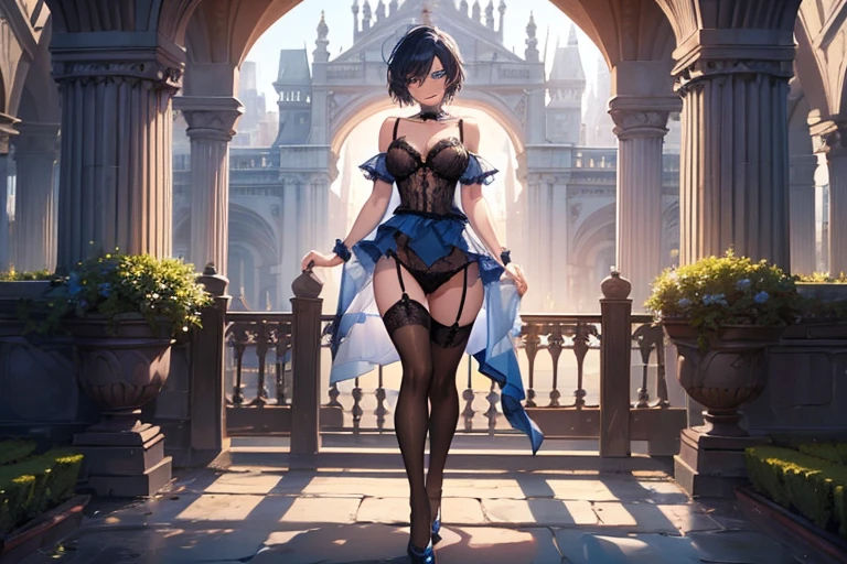 A woman is walking down the stairs wearing a black maid outfit, alone, panties, underwear, skirt, (shiny dark blue satin panties:1.3)、panties that cover the butt、garter belt, embarrassed expression, Liar, Thighhighs, skirt lift, think back, realistic