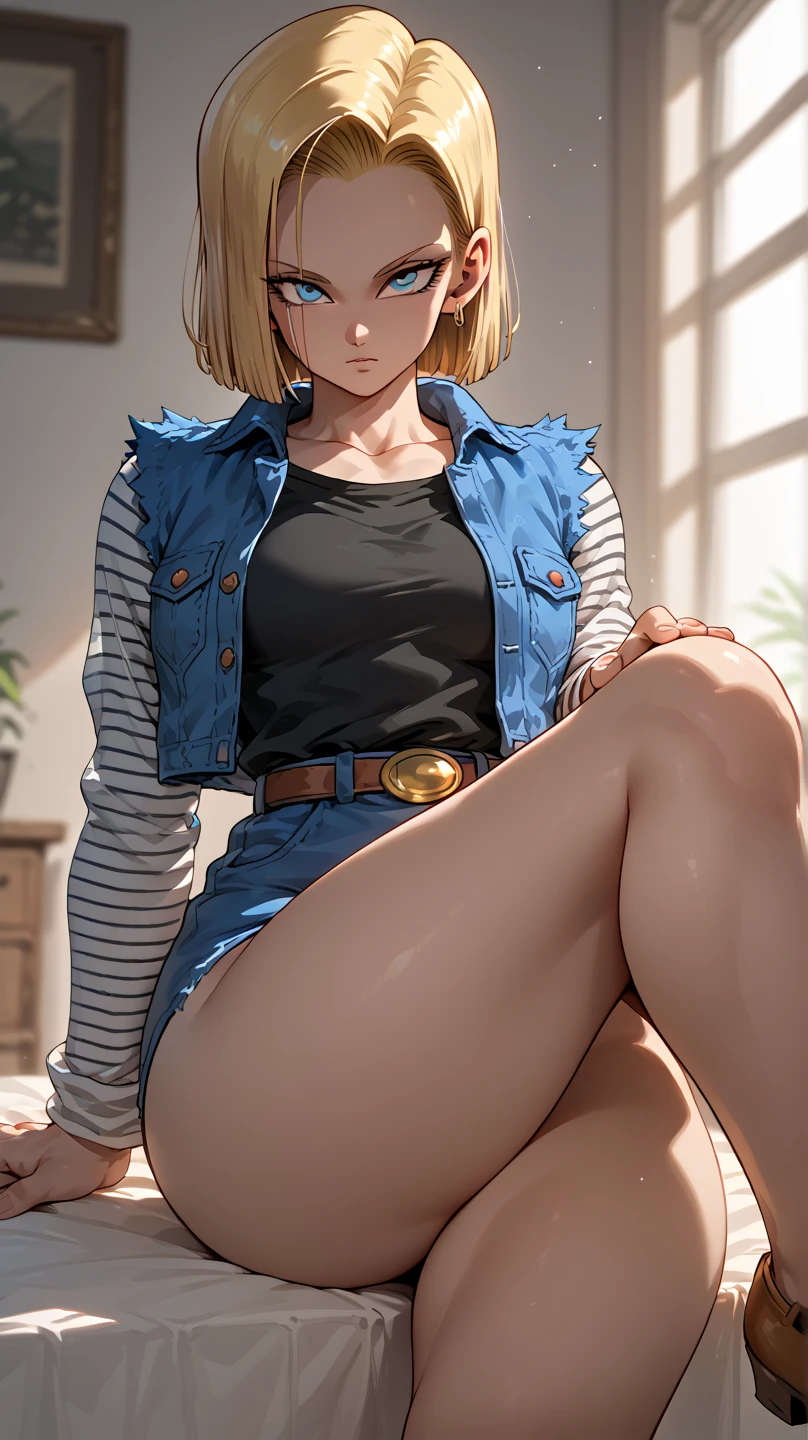 masterpiece, android_18, and18, 1girl, blonde, short hair, blue eyed, red earrings, black blouse, (blue denim jacket), white striped sleeves, blue skirt,brown boots, black leggings, big breasts, spreading legs, pussy, on a couch, plants on background <lora:android_18_v110:0.8>