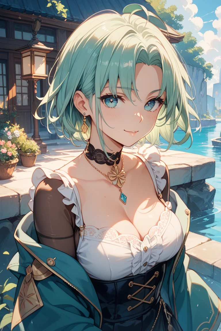Elf girl with short, shaggy blue hair , medieval clothes , green and blue eyes , bikini green and blue