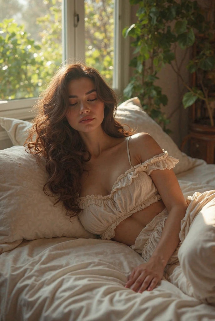 (photorealism:1.2), beautiful woman, sitting on bed, wearing loose off-shoulder top, pajama pants, long curly hair, indoors, soft lighting, plants in background, window with sunlight, cozy room, relaxed pose, realistic, intricate details, warm colors, by Greg Rutkowski, by Alphonse Mucha