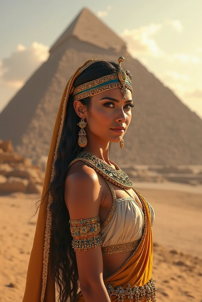 egyptian woman wearing intricate gold jewelry, desert town, pyramid, by Yoshiyuki Tomino, by Al Williamson, (by Bernie Wrightson:0.7), detailed face and eyes, masterpiece, (realistic:1.1) photo, volumetric lighting, soft lighting, absurdres, sharp, color graded, retouched, deep levels