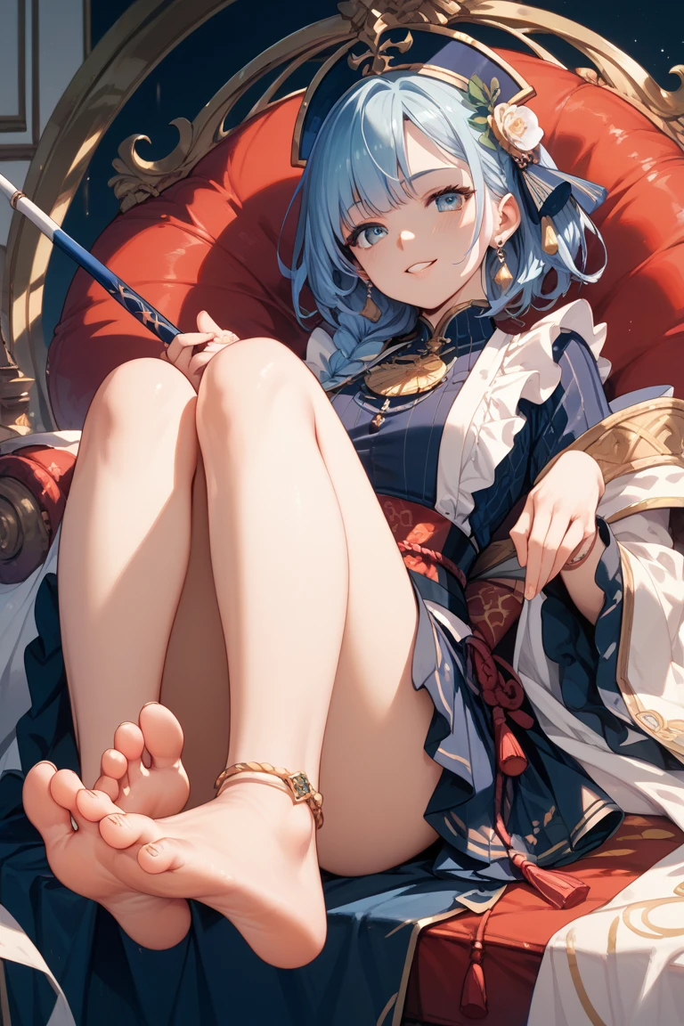1girl, sayu from genshin impact, flat chest, perfect breasts, sexy looking, sexy pose, ultra orgasmed face, very horny face, lustful face, feet seen, cute feet, little feet, sitting on a coach, in a house in, vibrant light, pastel light colors, master piece, ultra high quality, high detailed, best quality, light from side, bottom view, a lot of semen on feet, view from below, foot focus, crossed legs, feet pose,