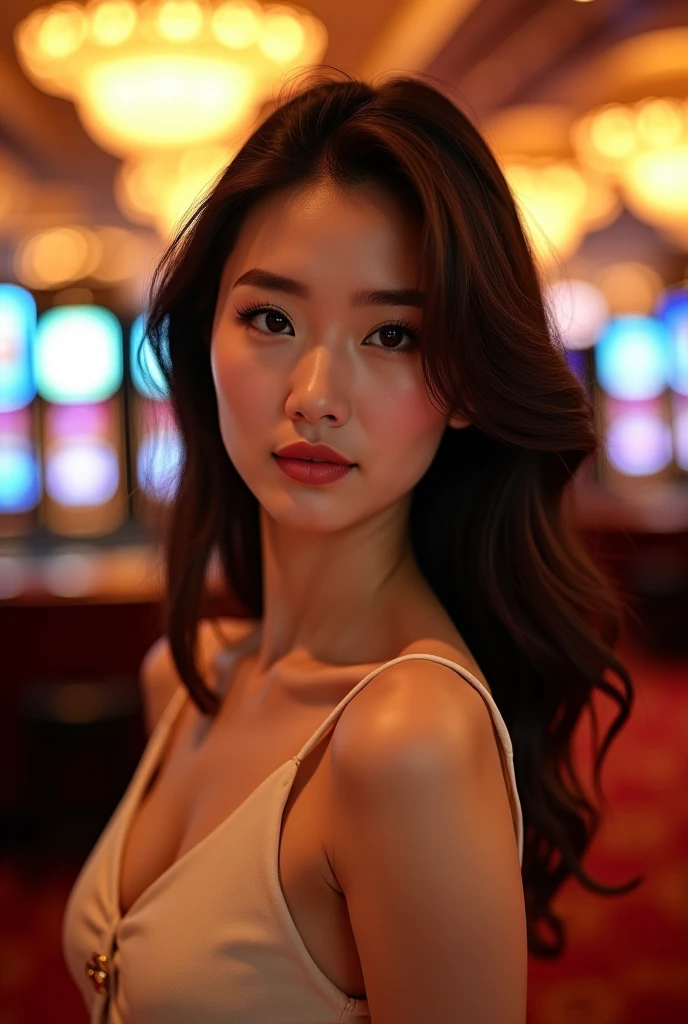((night scene, Realistic light, Best Quality, 8K, masutepiece: 1.3)), 1 girl, Slim figure beauty: 1.4, Brown hair, (((Super big: 1.3)), Off-shoulder cut top: 1.3, hyperdetailed face, Detail Eyes, Double eyelids, Disney land, izumi, castle, Fireworks, Smile, cleavage, Saggy, ((beauty of saggy breasts)), You can wear Louis Vuitton...