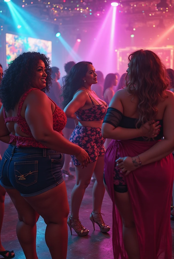 Three plus size model women are obese and overweight with a lot of belly fat, they have gained weight by eating too much, they are obese plus size models with very big bellies, their bellies are big and bulging and covered with a lot of fat, they have saggy bellies and tattoos around their navels, they are swaying to upbeat music in a bar, 4K quality, low angle