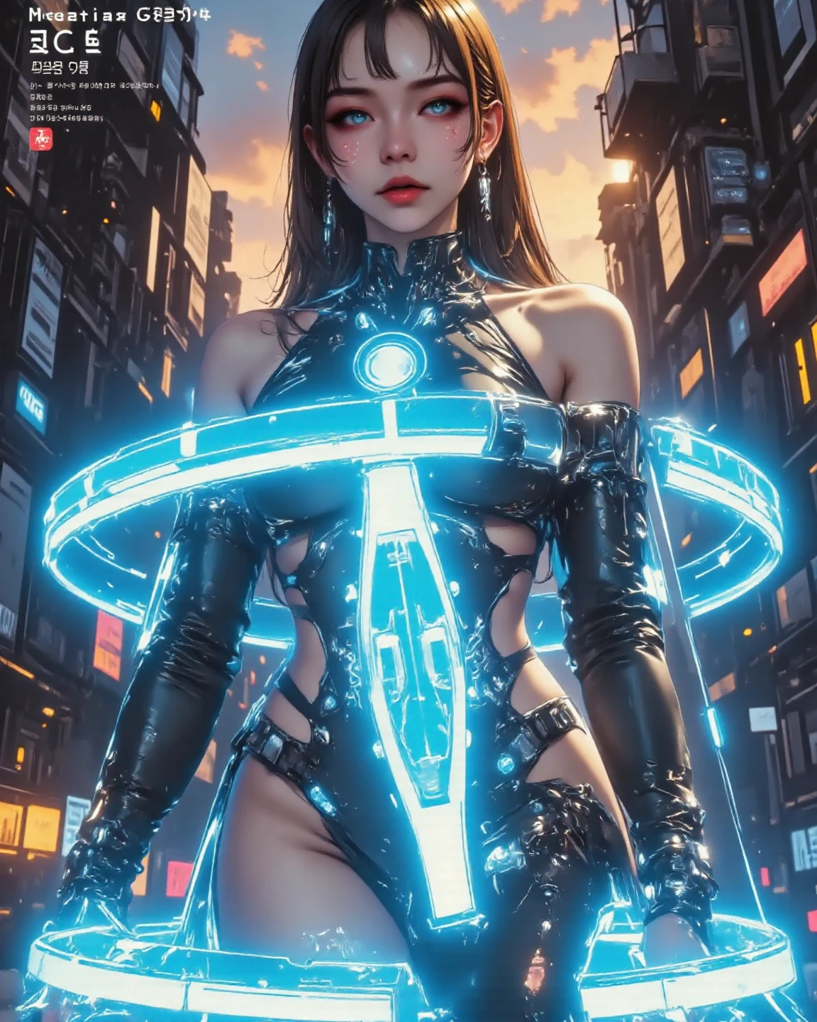 Family 2 sexually female tattoos , blue hair, magazine cover, poster art , adding to the spine-tingling atmosphere, bold huge text, matted design layout. Squeezing belly, all in bikini, Holographic Horizons
