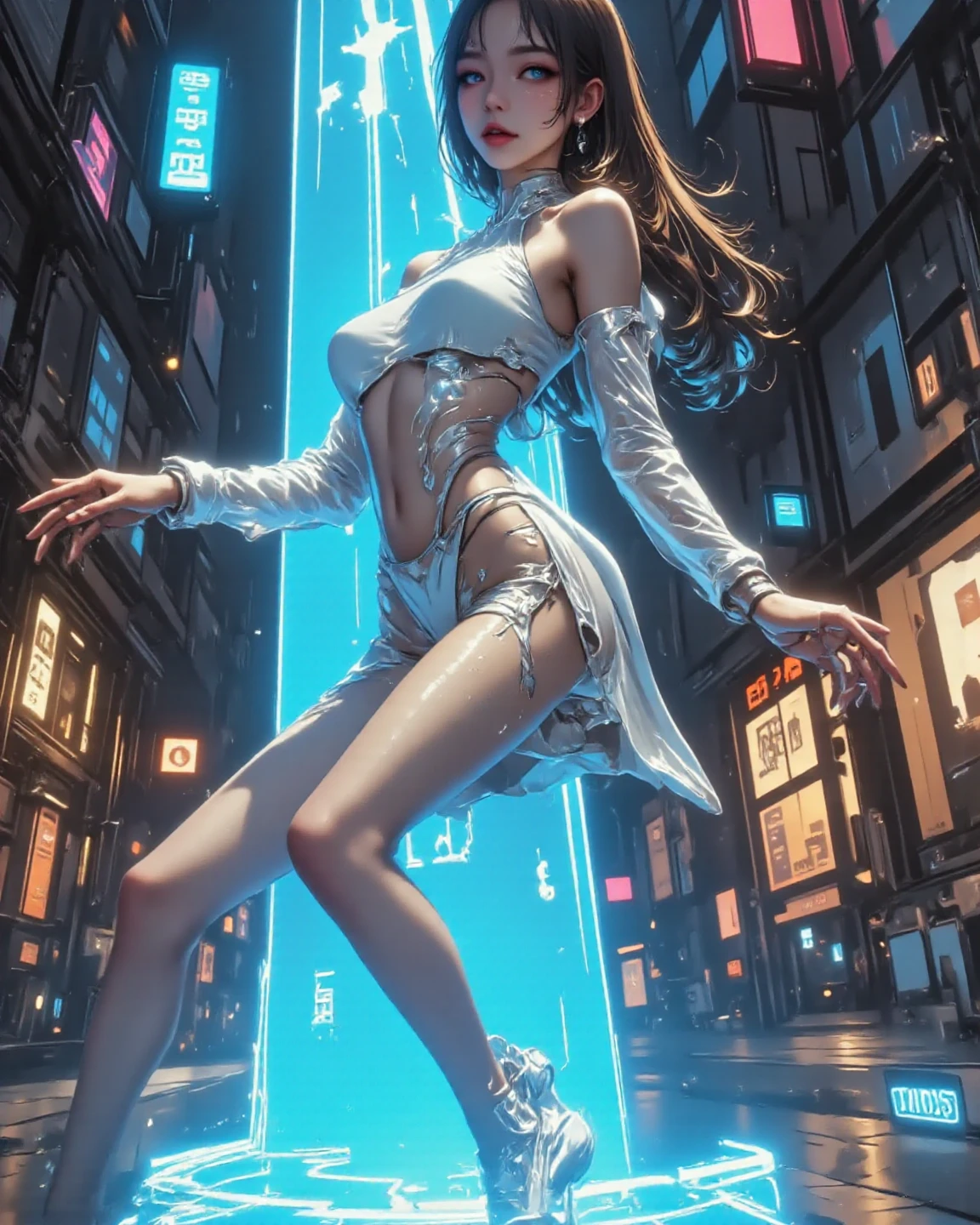 Thick white liquid dripping from the body，There was a woman wearing thick socks, thighs high socks, posed for photo, Shiny,, Shiny wet skin!!, Latex skin, an oppai cyberpunk，Chest exposure