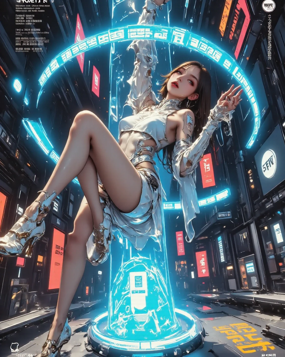 brightly colored abstract image of a space station with a spiral, epic beautiful space scifi, chaotic cinematic space rift, greg beeple, planets colliding, beeple and tim hildebrandt, beeple and jean giraud, end of the universe, galaxy space sci-fi, ringworld, by Mike "Beeple" Winkelmann. Matrix style, (((((Matrix cascading code))))), (((((a futuristic twin tower skyscraper with a unique twisted design))))), (((((OLED GUI interfaces in the building))))), at night, (((((1girl, solo))))), photo realistic, (((large-breast:1.2 slim body, cleavage))), (((off broken mini sling-shirt and black sling bra, extreamly short pleated miniskirt exposing panty))), (((((running pose))))), (((((matrix style black sunglasses))))), ((((((((((aiming with a short gun)))))))))), (((((looking at camera))))), (((very low view))), (((((half-body thigh level medium shot))))), (((cinematic lighting))).