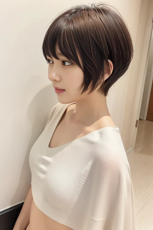 patterned long sleeve dress、table top、(background white wall、Taken in front of the white door:1.4)、((highest quality、8K、masterpiece:1.3))、Japanese woman in her 30s、ultra high resolution、(photogenuineistic:1.4)、Raw photo、Japanese,(face)、genuine、Photographed in natural light、Highly detailed face and skin texture、highly detailed lips、correct state of the human body、shortcut、short hair、short hair、brown hair、various poses、natural color lip、（She is facing to the left：1.2）