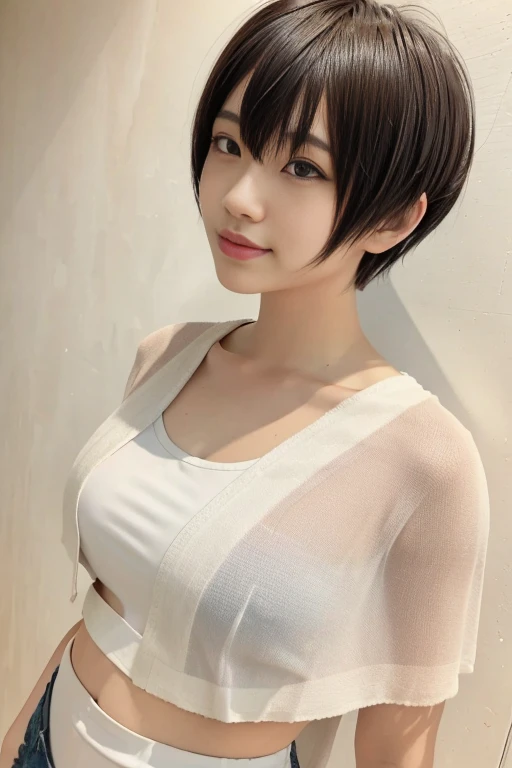 One Woman、short hair、cute、Straight Hair、whole body、Small breasts、In town、Sexy pose、White T-shirt、Stylish、smile、Beautiful eyes、Light makeup、Thighs、whole bodyを写して、Not looking at the viewer