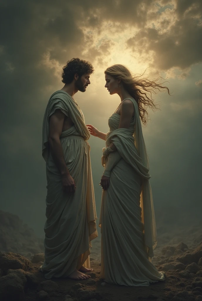 a man with a beard, short hair pulled back, shirtless, muscular. He is kneeling on the ground. In front of him is a beautiful blonde woman with short hair, dressed as a white angel, she is wearing a low-cut semi-permanent white dress, beautiful and well-detailed white angel wings emerge from her back. The two are looking forward, towards the camera .