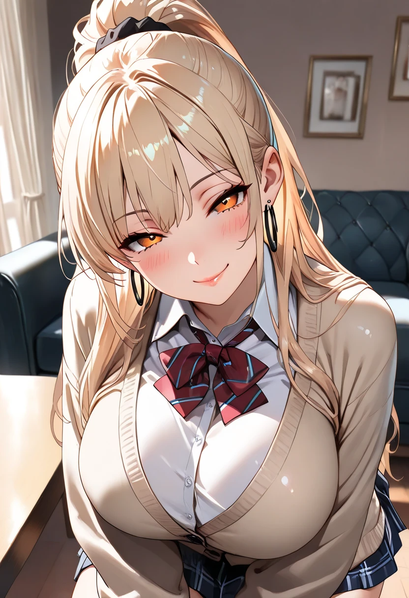 masterpiece, best quality, high quality, detailed, ultra detailed, hyper detailed, insanely detailed, exquisite, beautiful, FHD, Full-HD, 4K, 8K, highres, absurdres, woman, cheerful, evil smiling, on all fours, looking at viewer, long hair, brown hair, black eyes, shiny skin, tall, glamorous, beautiful ass, leggy, gyaru, school uniform, blush, in the classroom, in the evening, cel anime, headshot, half body photo, from front, golden ratio, midday