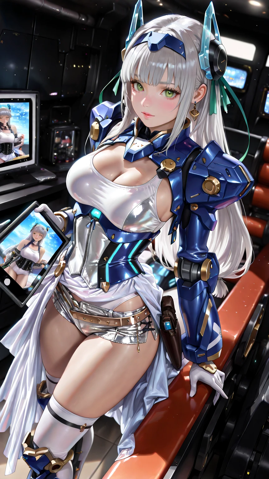 （Enrich the picture，Masterpiece level quality）Beautiful 8K CG artwork，Goddess-like posture，Sit in the cabin of the plane，Postural exercises，Slim and soft，Translucent skin，blue hairs、The beauty of extra-long hair, Super Long Straight Hair，The skin is fair and juicy，Big breasts lingerie miniskirt uniform，Perspective Part 1.2x enhanced silhouette effect，Exquisite transparent blues pattern in pajamas，The details are intricate and exquisite，The background is slightly blurred，Charming and lustful leg seduction，Drool，K cup big breasts，Blush，Japan goddess，Perfect body slim curves，Cabin scene，Lace panties can be seen，spread their legs，Red left eye，The right eye is green，