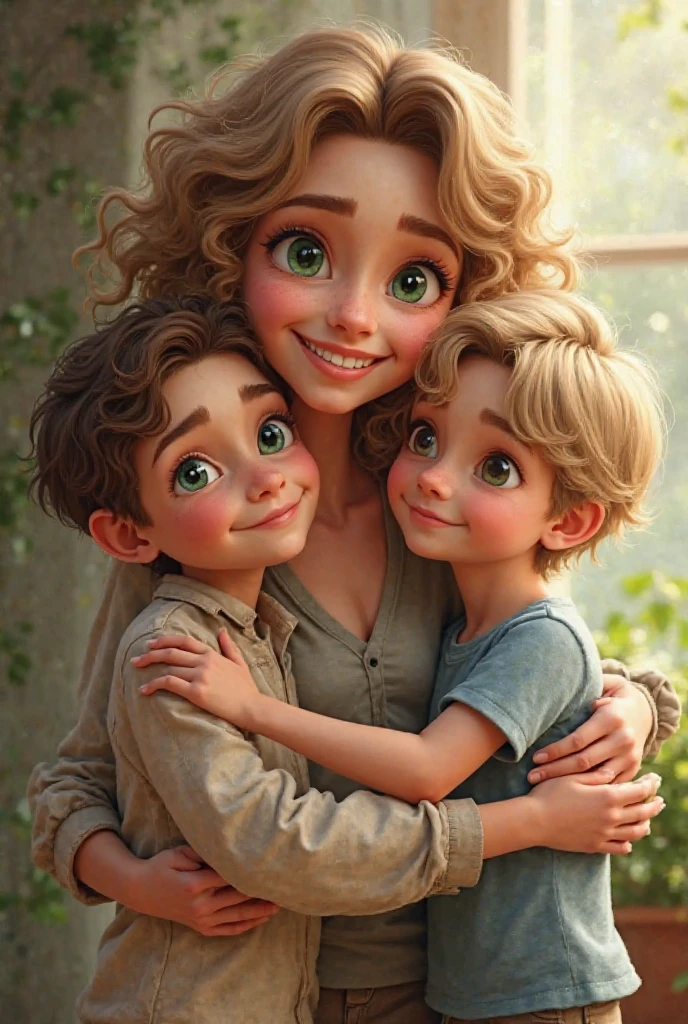 Mother with curly hair, fair skin and 1 son aged 5 and a daughter aged 11