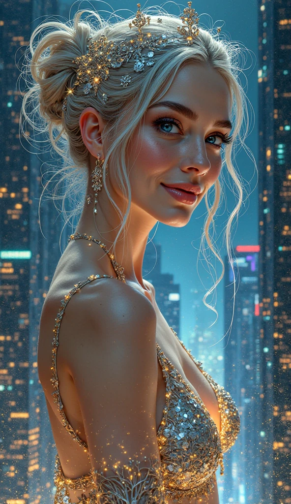 Photo of a stunning woman with K-cup bust, wearing a glamorous evening gown, standing in front of a city skyline at night, exuding elegance and confidence. Her radiant smile complements her impeccable makeup and polished hairstyle, making her the epitome of sophistication and allure.