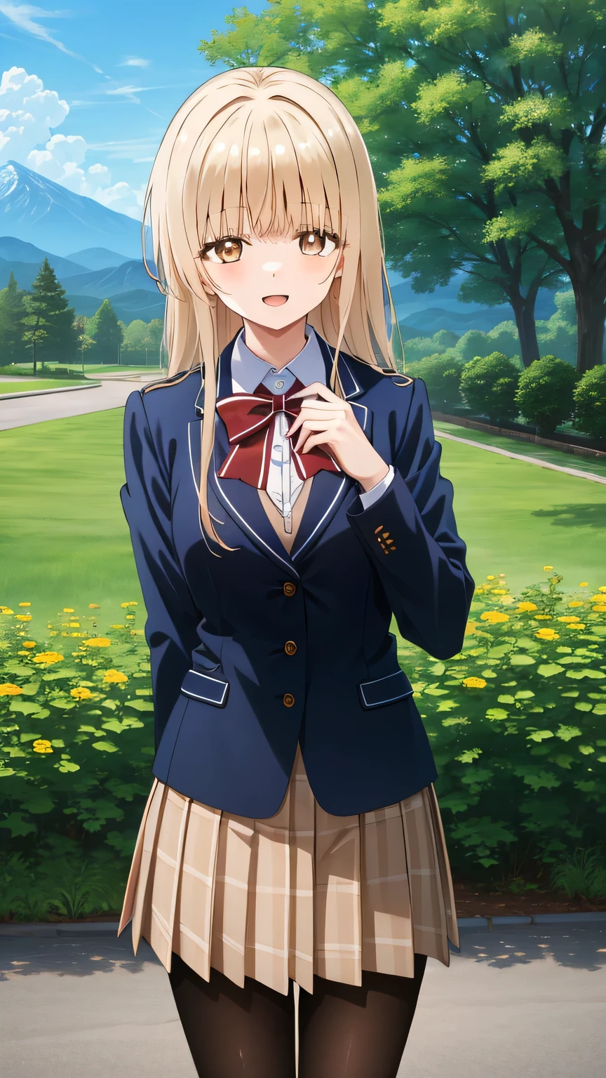 {{{masterpiece}}}, (best quality:1.5), (ultra-detailed:1.5), {illustration}, {{an extremely delicate and beautiful}}, (beautiful detailed eyes:1.6), absurdres, highres, extremely detailed face, 16k, hd, visual anime de uma jovem mulher, extremamente bonito rosto de anime, anime melhor garota, (perfect hands, perfect anatomy), anime face, Shiina Mahiru(The Angel Next Door Spoils Me Rotten), aamahiru,1girl, solo, cute face, long hair, Blonde Hair, (Brown eyed:1.6), (High resolution eyes, Beautiful eyes Light in the eyes), flushed cheeks, Slender, medium breasts, big hips, curvaceous, BREAK, red bowtie, (blue jacket:1.1), blazer, long sleeves, white shirt, pleated skirt, plaid skirt, brown skirt, (black pantyhose:1.3), thighs, BREAK, smiling, looking at viewer, open mouth, flushed cheeks, flash effect, outdoor, mountain, daytime, forest, flower garden, field, sunshine