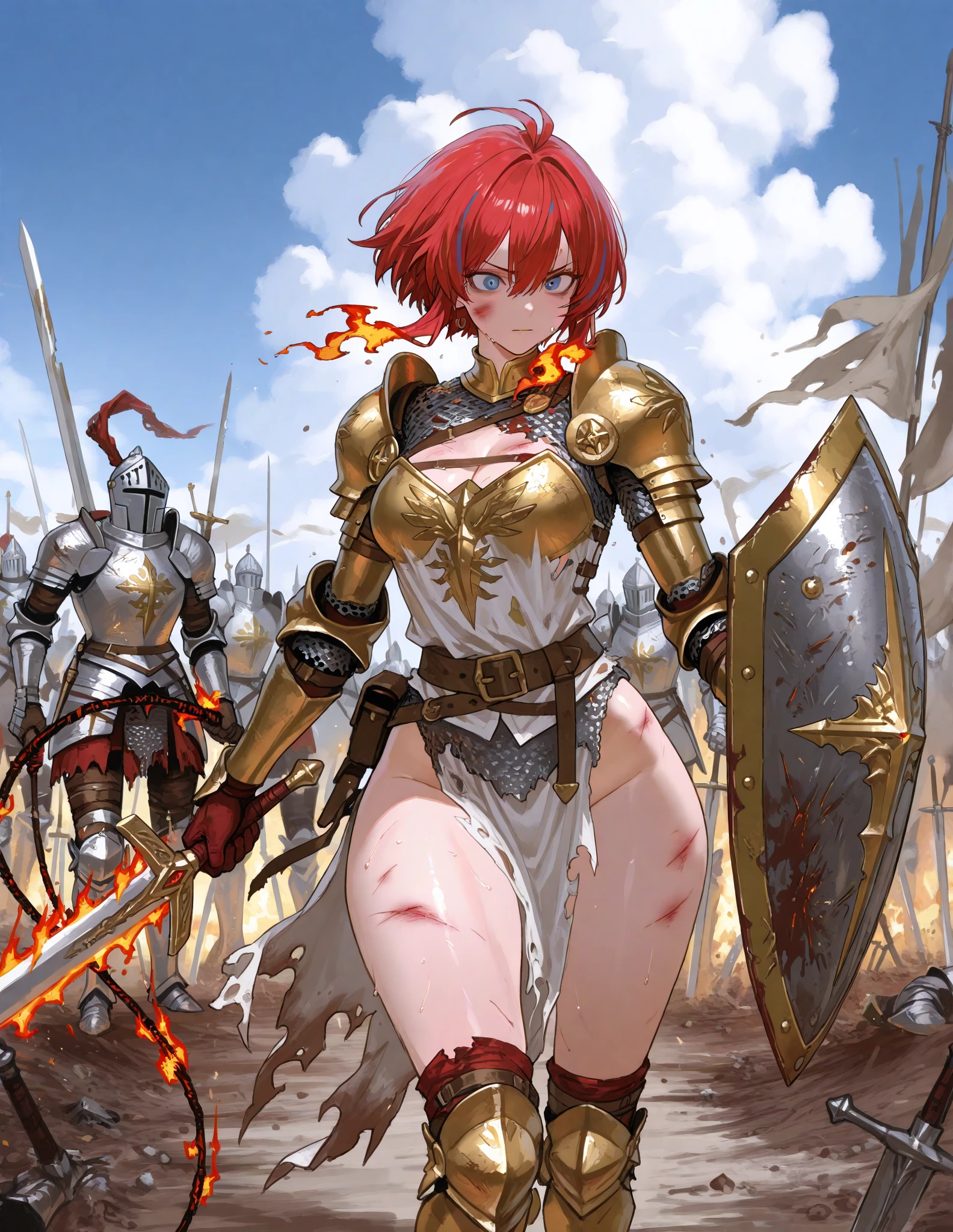 war, [ fire: explosion:0.5],
([valkyrie armored dress : glowing fire runes:0.5]:1.3),
([sword : glowing intricate runes:0.5]:1.2),
standing,  dirt , battle scars,
voluptuous woman, , armored boots, fighting stance, confident smile, broadsword, shield, cleavage cutout, chainmail, pixie cut, strawberry blonde hair, detailed background, battlefield, dead soldiers litter the ground all around her, dramatic lighting, sun low on the horizon,