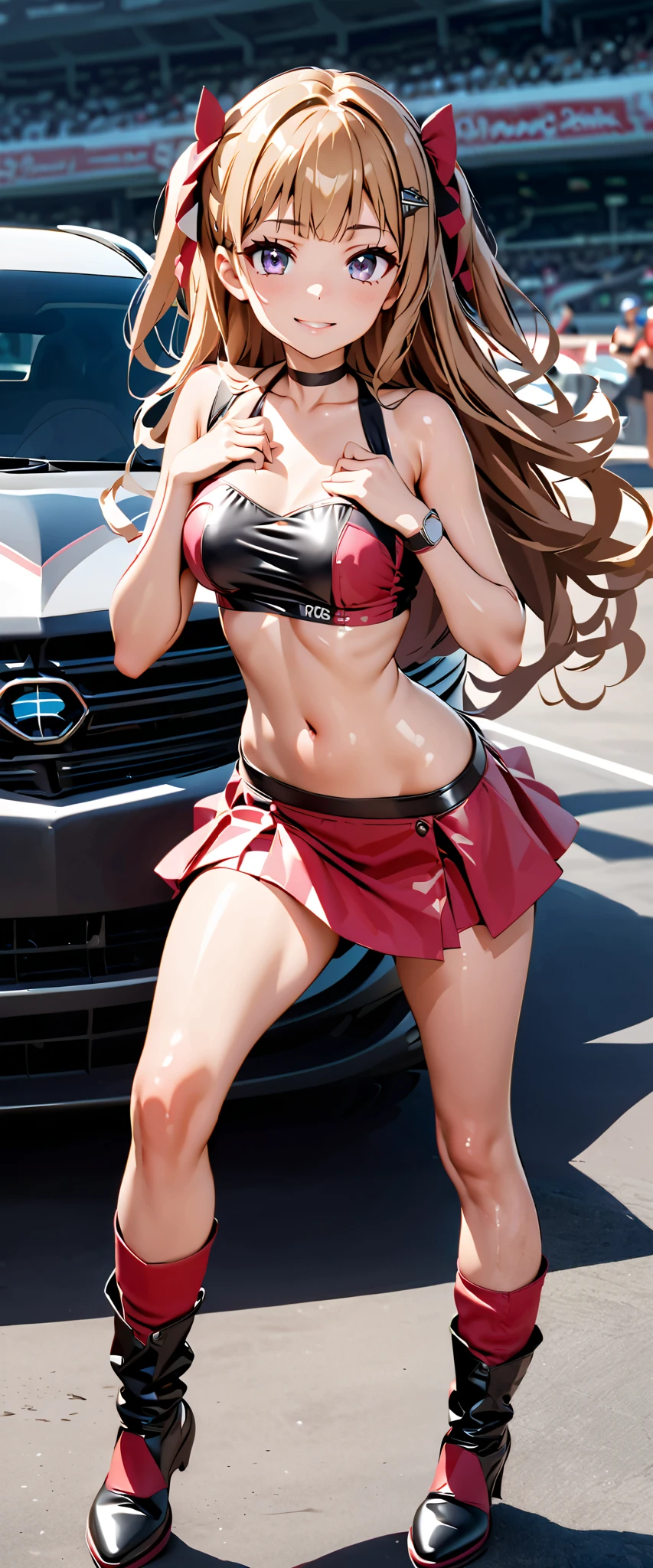 best quality, super high resolution, One person, small breasts, black choker, smile, exposes shoulders, focus only , Viewers,Fair skin,car race track,photon mapping, Physically Based Rendering, RAW photos , very detailed background, K-pop Idol ,depth of field,hair ornament,detailed face,radiant skin, game cg,full body, Shiny Micro Tight Mini Skirt,shiny micro tube top, shiny long boots ,race queen,sexy pose,gross lips