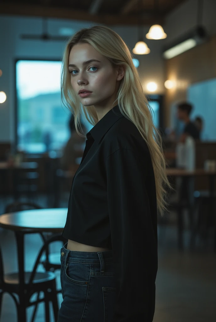 beautiful woman, long straight blonde hair, wearing a white t-shirt without print, wearing leather belt, front view (sitting inside a modern restaurant at night), Cara Delevingne, very detailed, 30 years, natural wave hair, blue eyes, high-res, masterpiece, best quality, intricate details, highly detailed, sharp focus, detailed skin, realistic skin texture, texture, detailed eyes, professional, 4k, Canon shooting, 85mm, shallow depth of field, kodak color vision, perfect fit body, extremely detailed, photo_\(ultra\), photorealistic, realistic, post-processing, maximum detail, roughness, real life, ultra realistic, photorealism, photography, 8k uhd, photography (grain of film) medium shot for closeup shot atmospheric dark lighting