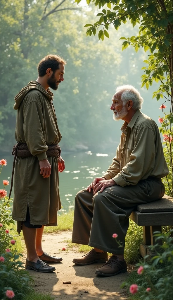 Image of an old priest talking to a rich young man,  they are both sitting on a bench in a garden