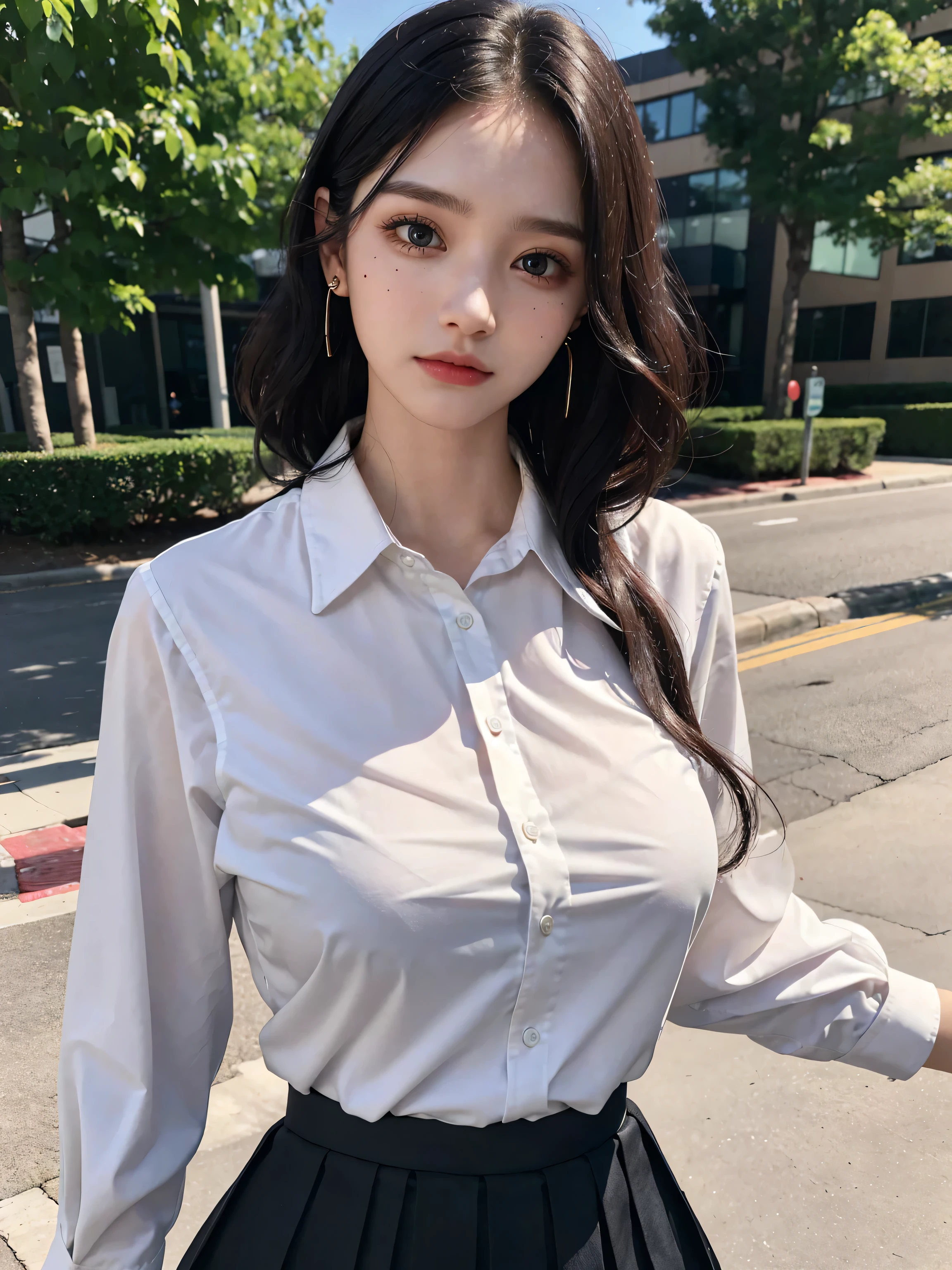 ((top-quality、8k、​masterpiece:1.3))、Japan beauties:1.2、Perfect Body Beauty:1.4、Slim abs:1.2、((hair messy、oblique bangs)、(Long Button Shirt:1.1)、tight skirts、age19、Highly detailed facial and skin texture、A detailed eye、double eyelid、Aspect of looking at the camera