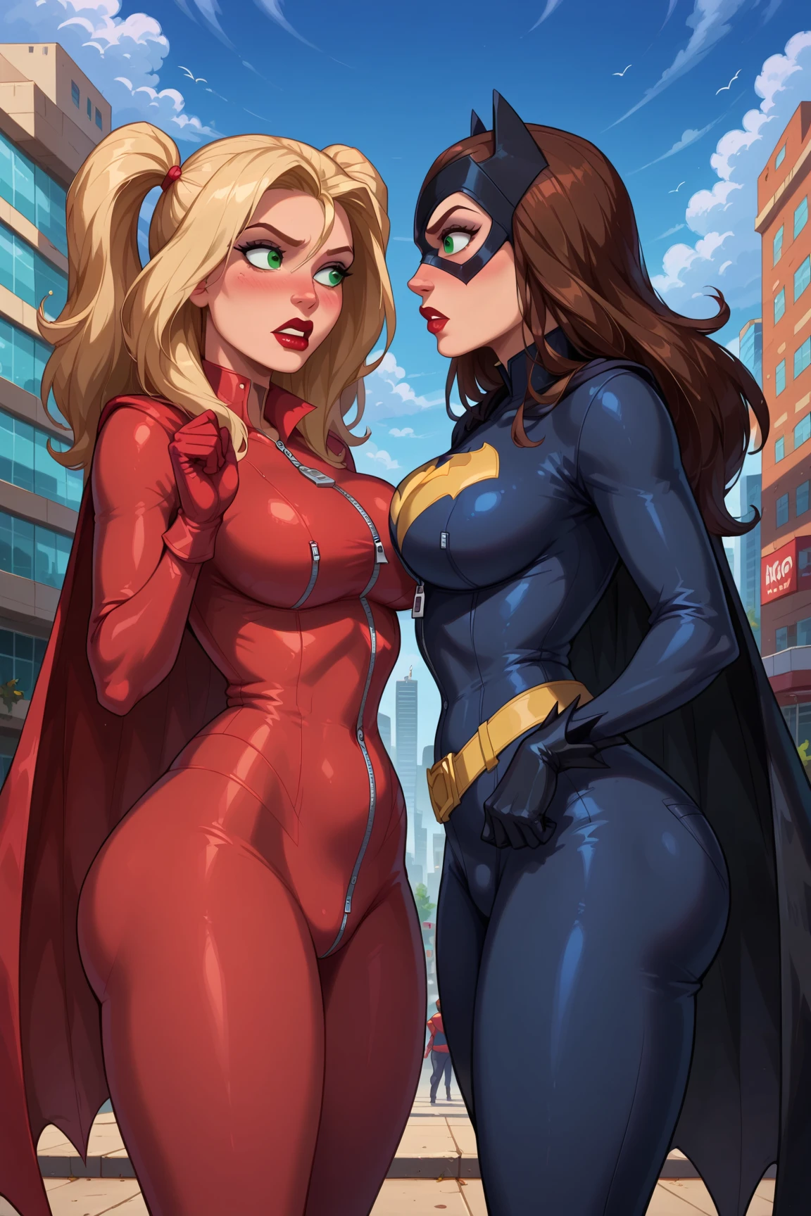 Batgirl hugging supergirl sexy bikinis big butts. back view. room background