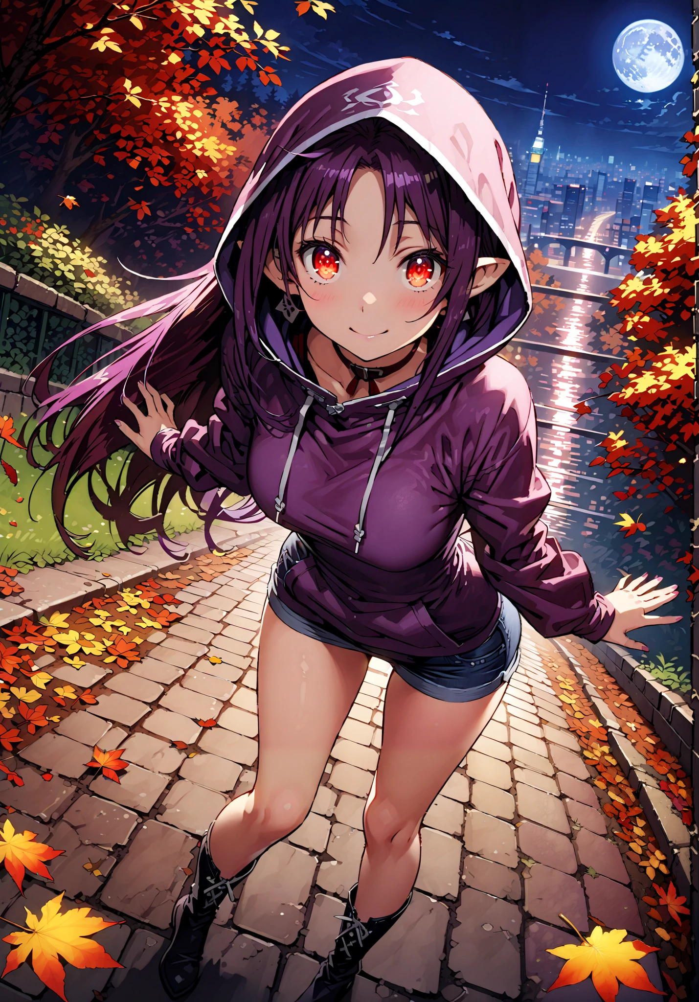 yuukiKonno, Konno Yuuki, pointed ears, purple hair, red eyes,long hair,smile,cover,Close Mouth,Purple oversized hoodie ,Denim Micro Shorts,Bare legs,boots, hood up ,autumn,autumn leaves,night, full moon,is standing,put one's hands in one's hoodie pockets,綺麗なnight景,Beautiful cityscape,full bodyがillustrationsに入るように,break outdoors, garden,
break looking at viewer,full body,
break (masterpiece:1.2), best quality, high resolution, Unity 8k Wallpaper, (illustrations:0.8), (beautiful detailed eyes:1.6), very detailed face, so that it fits into the illustration, extremely detailed CG, full body写真,(curved body, perfect anatomy from a shellfish),