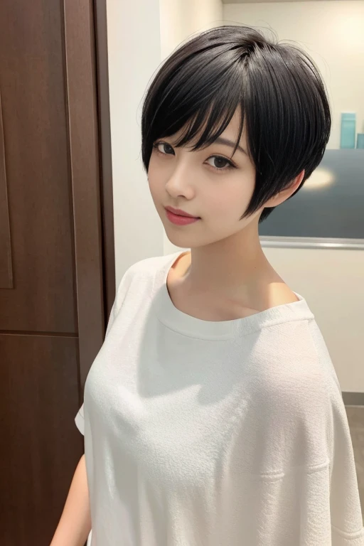 30-year-old female, Very short hair, Face without makeup, Silky white skin, sexy, Narrow waist, Navy blue T-shirt, White wall in the background