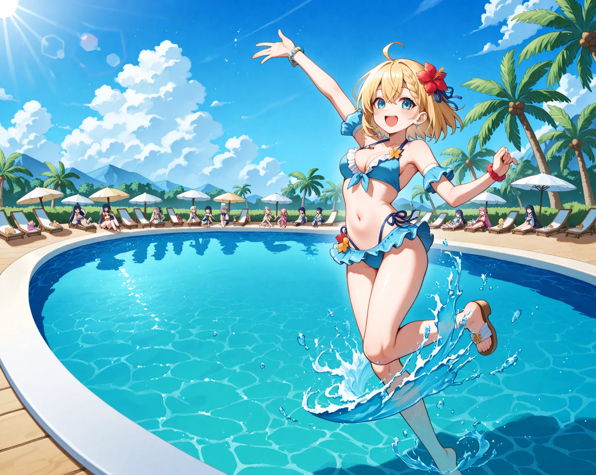 <lora:ohtsuki yui v10:1>, ohtsuki yui, 1girl, swimsuit, bikini, breasts, solo, one eye closed, blonde hair, blue eyes, multicolored bikini, jewelry, side-tie bikini bottom, smile, striped bikini, cleavage, striped, ponytail, multicolored clothes, long hair, navel, outdoors, necklace, open mouth, looking at viewer, bracelet, blush, large breasts, water, sky, day, hair ornament, ocean, front-tie top, string bikini, wavy hair, bangs, collarbone, splashing, halterneck, o-ring, blue sky, cloud, front-tie bikini top, thigh gap, ;d, bare shoulders, pink nails, nail polish