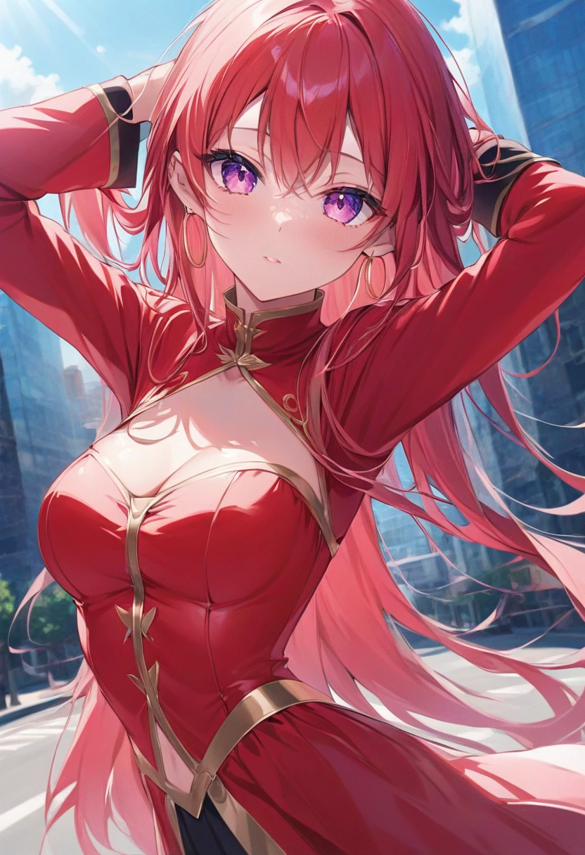 Very detailed background, masterpiece, best quality, 1 Girl, Solitary, ((masterpiece, best quality)),best aesthetics, Zero Two (Honey), Honey, Bangs, bite, blush, Cover the navel, Eyeshadow, Green Eyes, Hair on the back of the head, Hands on Hips, trumpet, Smile, long hair, looking at the audience, cosmetic, Medium breasts, Pilot suit, Red suit, Pink Hair, red Eyeshadow, Science fiction, Firming skin,