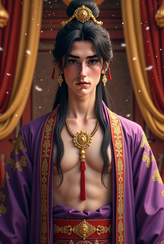 Red man with long hair and thin waist wearing belly dancing clothes