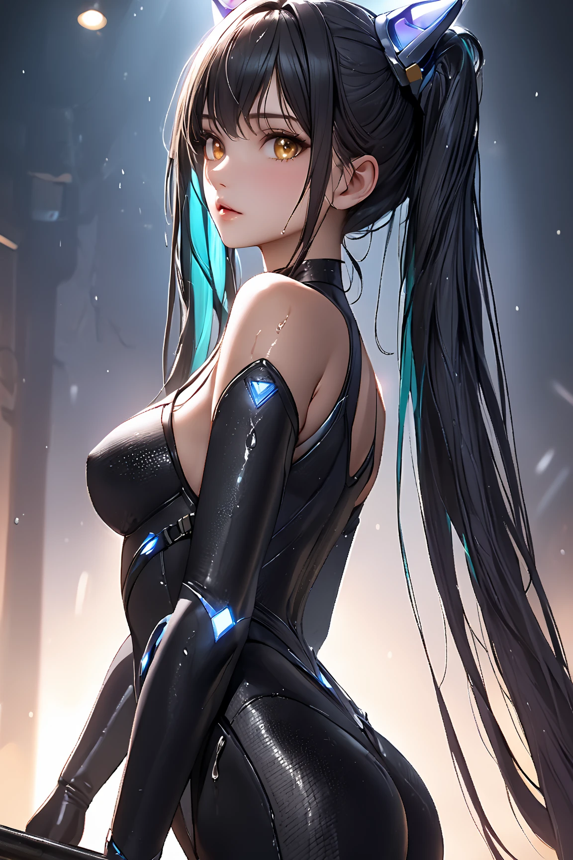 Optimal,masterpiece,High resolution,highest quality,(Cowboy-shot)、cute face,pinkies Hair、Long hair、Twin tails、((Shooting from behind:1.5)), ((Wear tight-fitting black separates:1.5)). ((beautiful nipples))、((big boobs:1.5)), Wet and transparent