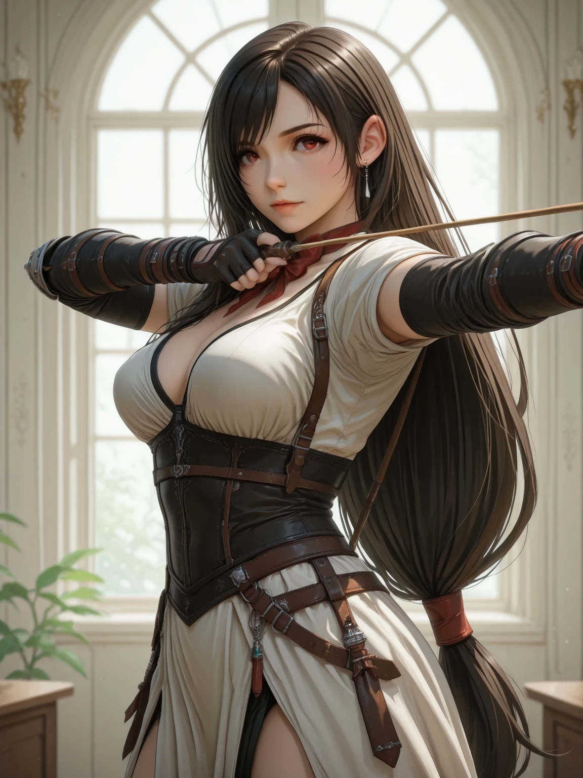 high quality,hd,16k,sharp line,1girl,female archery athlete ,cute face, large breasts, slender body, delicate body,nice legs, sweat,in archery venue,focus girl,detailed beautiful face,detailed clothes,beautiful eyes,pretty,dynamic angle