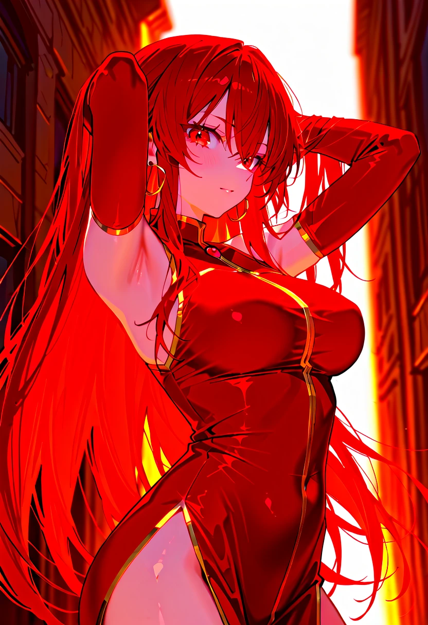 <lora:RedHoodX_XL_V1:1> masterpiece, best quality, redhoodx, very long hair, mechanical horns, (large breasts:0.8), (realistic:0.1), (anime:0.4), film noir, femme fatale, dark, glowing red eyes, looking at viewer, long dress, bare shoulders, backlighting, art deco city, monochrome, red accent, sin city style, window