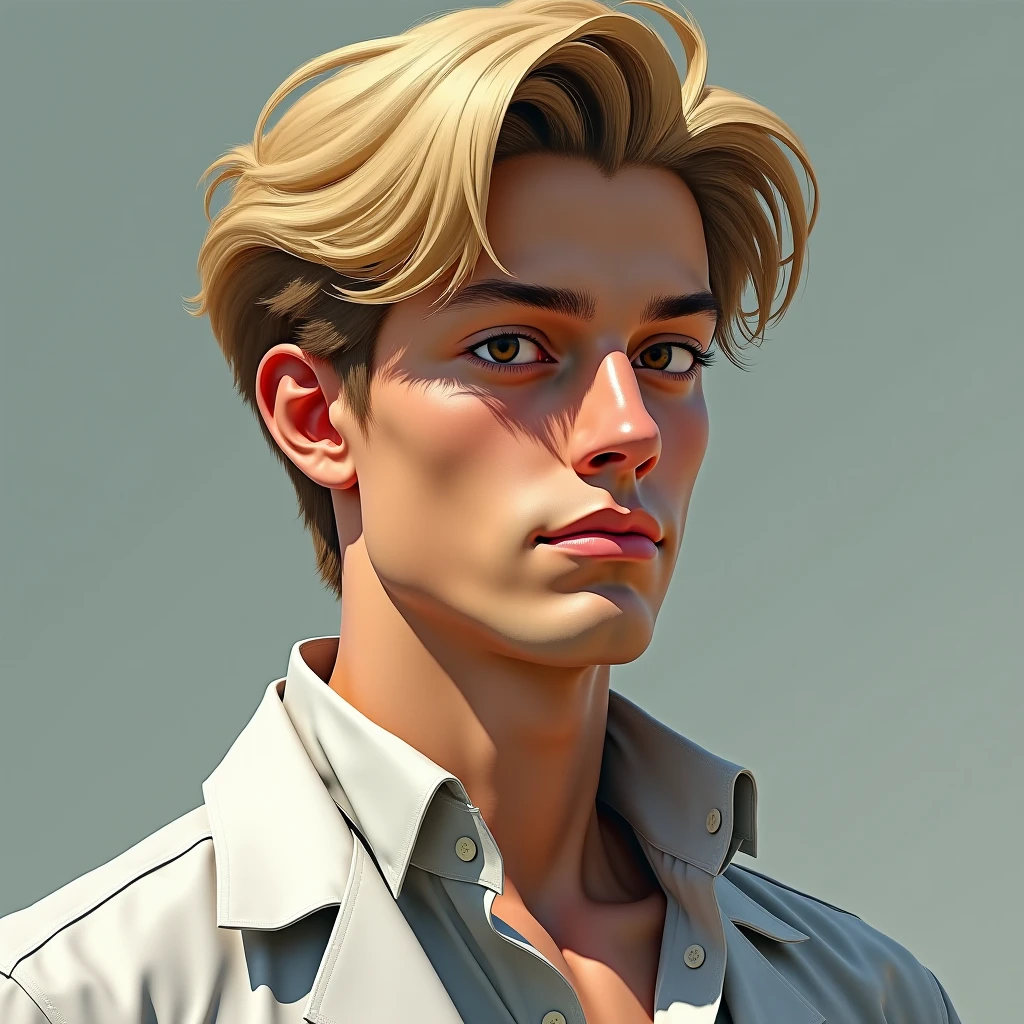 1 young man, muscular and tall, Medium blond hair, brown eye with a striking, half-closed look,, marked jaw, slightly tanned skin, with dress shirt. Physics experimentalist.