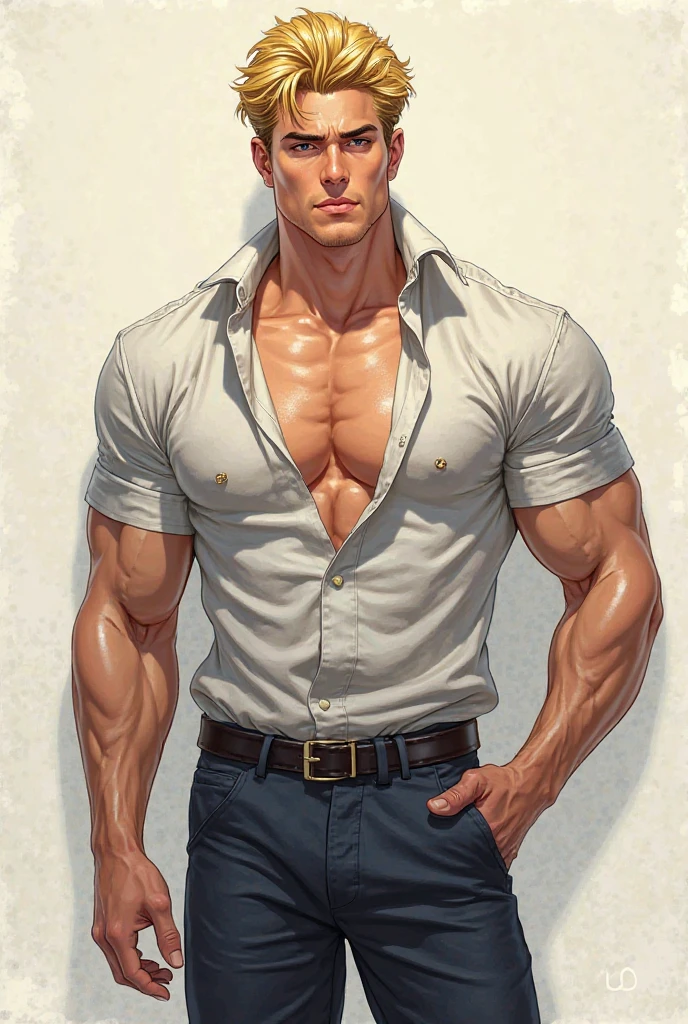 homem arafiado de jeans e camisa branca parado na frente de uma porta, Wearing only pants, roupas abertas no peito, umbigo aparecendo, jaqueta sobre o tronco nu, recortar, physicist : a menor barriga de todos os tempos, ( ( ( wearing pants ) ) ), wearing pants, roupa complexa, a menor barriga de todos os tempos, vestindo roupas rasgadas