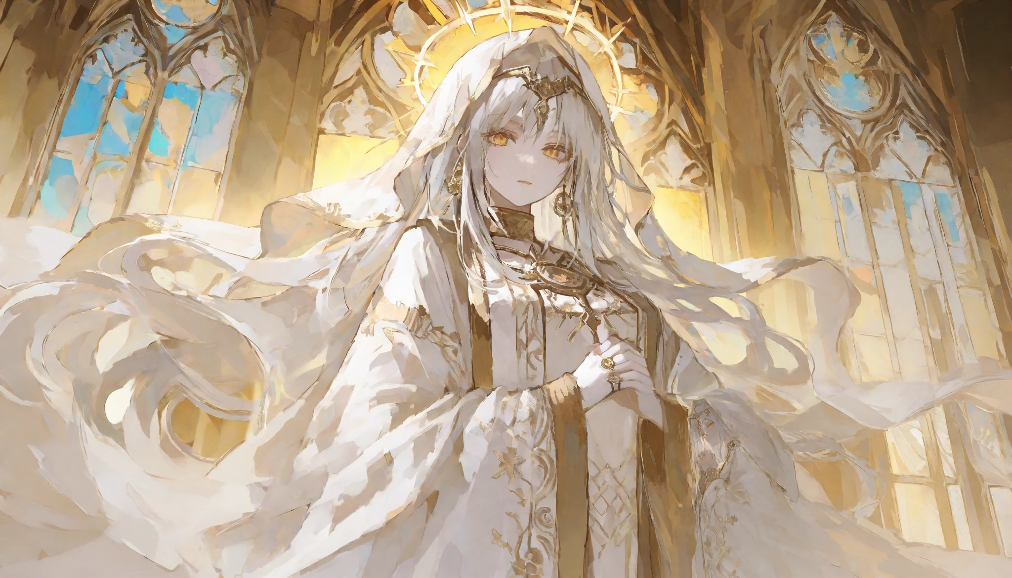 (Score _9, Score _8_climb, Score _7_climb), divine saintess, ethereal beauty, radiant aura. Long, flowing silver-white hair, piercing golden eyes glowing softly, pale flawless skin. Delicate yet commanding presence, exuding serenity and wisdom.
Outfit: Ornate white and gold ceremonial robe with intricate embroidery, flowing sleeves, and a translucent veil draped over her shoulders. Golden accessories—halo-like headpiece, sacred pendant, and delicate rings symbolizing divine power.
Pose: Standing gracefully with hands gently clasped, a serene yet powerful gaze. A faint golden light emanates from her fingertips, as if channeling divine energy. Soft wind lifts the edges of her robe, adding to her otherworldly presence.
Background: A grand cathedral bathed in ethereal light, towering stained-glass windows casting colorful reflections. Floating golden sigils and faint celestial symbols shimmer in the air, reinforcing her sacred status. The atmosphere is peaceful yet awe-inspiring, as if she is a being beyond mortal reach.