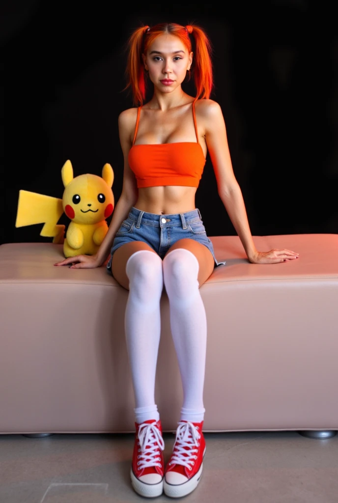 (Highly realistic and perfect image, high resolution, 4K, pure perfect realism), A single, perfectly beautiful young woman with medium-sized, well-rounded breasts., redheadwear, Bright blue eyes, shapely legs, wearing short, low-cut pajamas, The vaginal lips are noticeable in the clothes., alone in the picture, full body view, with clothes, without hat, body wet and shiny