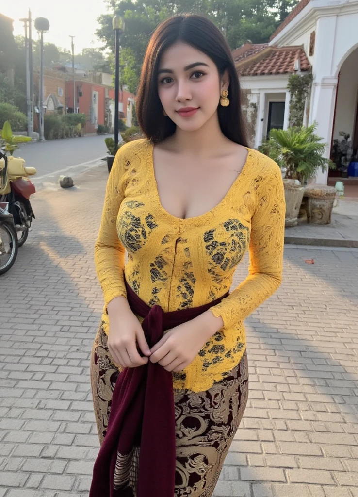 A Indonesian goddess, perfect face and smile, large breasts, skintight lace kebaya, cleavage, tight batik pattern skirt, (masterpiece, ultra HD, realistic masterpiece), beach bokeh background , seductive poses, longshot photography, detailed detail, ultra sharp,