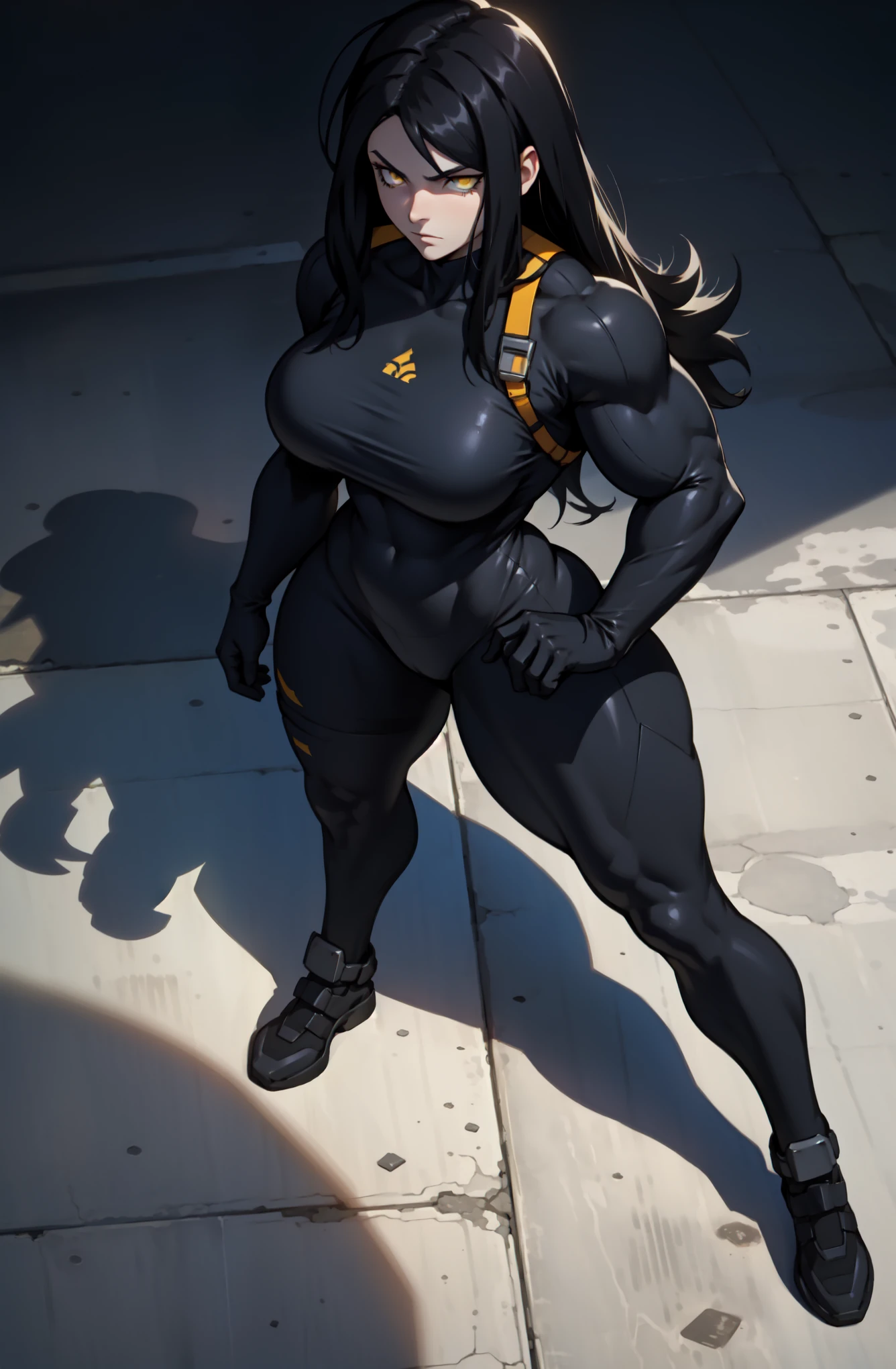 1girl ((muscular large breasts thick thighs)) pale skin black hair very long hair yellow eyes over-sized hoodie over-sized boots leggings standing full body