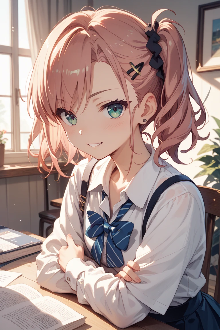 Anime style young female character、Full body portrait。A small fairy 15cm tall、It has delicate, transparent wings on its back.。Long pink hair、Big pink eyes。I wear round glasses。White flower hair ornament。Wearing a pale pink dress、Puff sleeve design and above knee length。Slim figure。The background is lush nature.、wood々is surrounded by leaves。The character is leaning forward a little shyly.。A fantastic atmosphere with dancing light particles。High quality digital art。Photorealism、Highest quality、Ultra-high resolution、Woman in uniform sitting on bed、Low angle shot：1.5、(M-shaped foot：1.4)、((Showing panties：1.5))、A sexy look for the camera、((pink silk panties))、((Panties close up：1.4))、Tartan Check Pleated Skirt、Over the knee socks、Cute and beautiful face down to the smallest detail、(PurerosFace_v1:0.008)、eyeliner、cheek、Embarrassing、Glare、Glossy Lips：1.4、impatience、scared、Glare、Panty Appeal、Panty close-up:1.3、blush、Are crying、cry、Open your knees、Spread your legs、Disheveled clothes、Change of clothes、Medium Long Hair、Bedroom、解剖学的にAccurate human body、Perfect Arms、Perfect hands、Perfect Fingers、Perfect Legs、Accurate human body