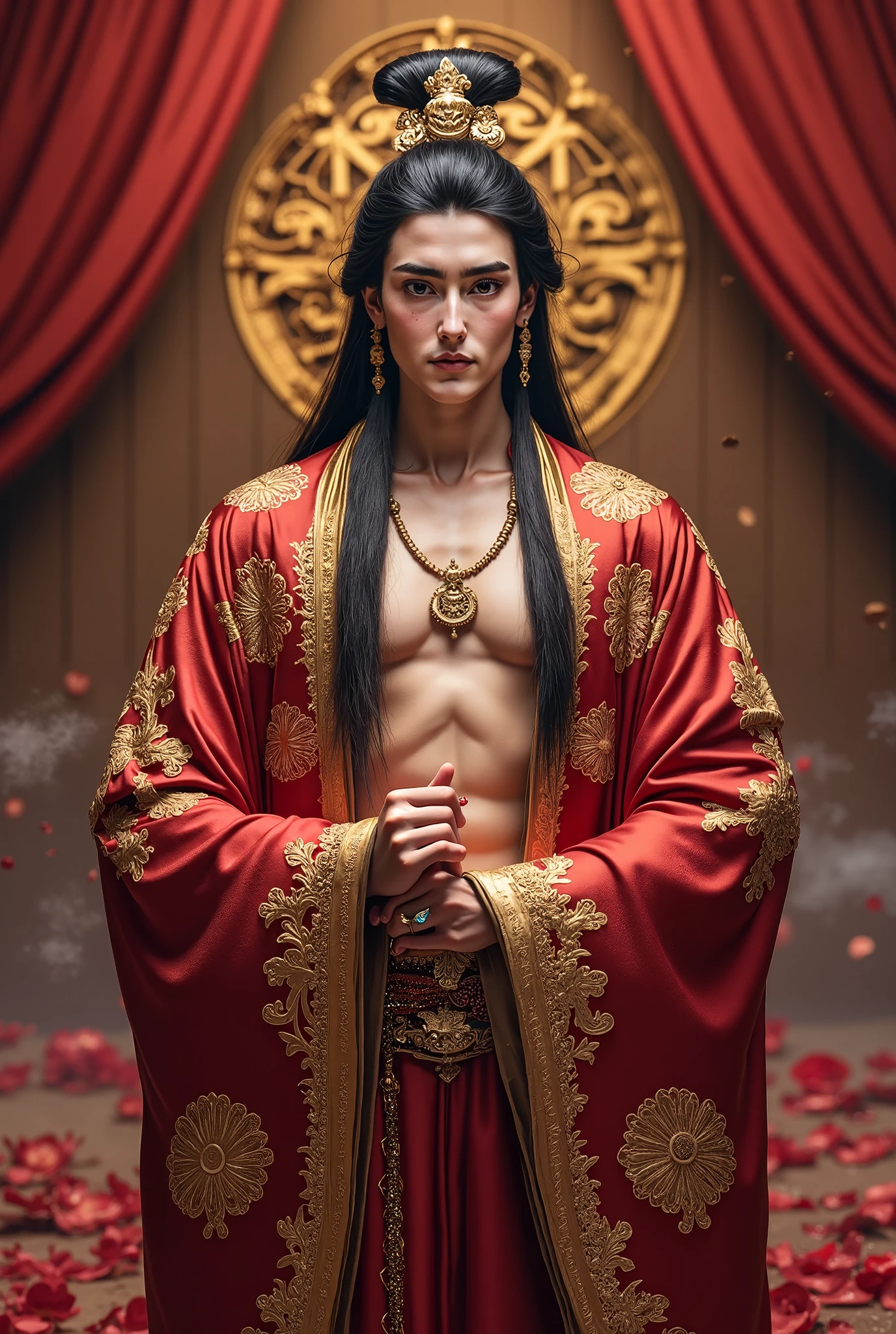 Realistic,Hot muscular Male concubine in the Han dynasty on his knees, wearing ancient revealing Chinese dress with long hair and masculine features. --auto --s2