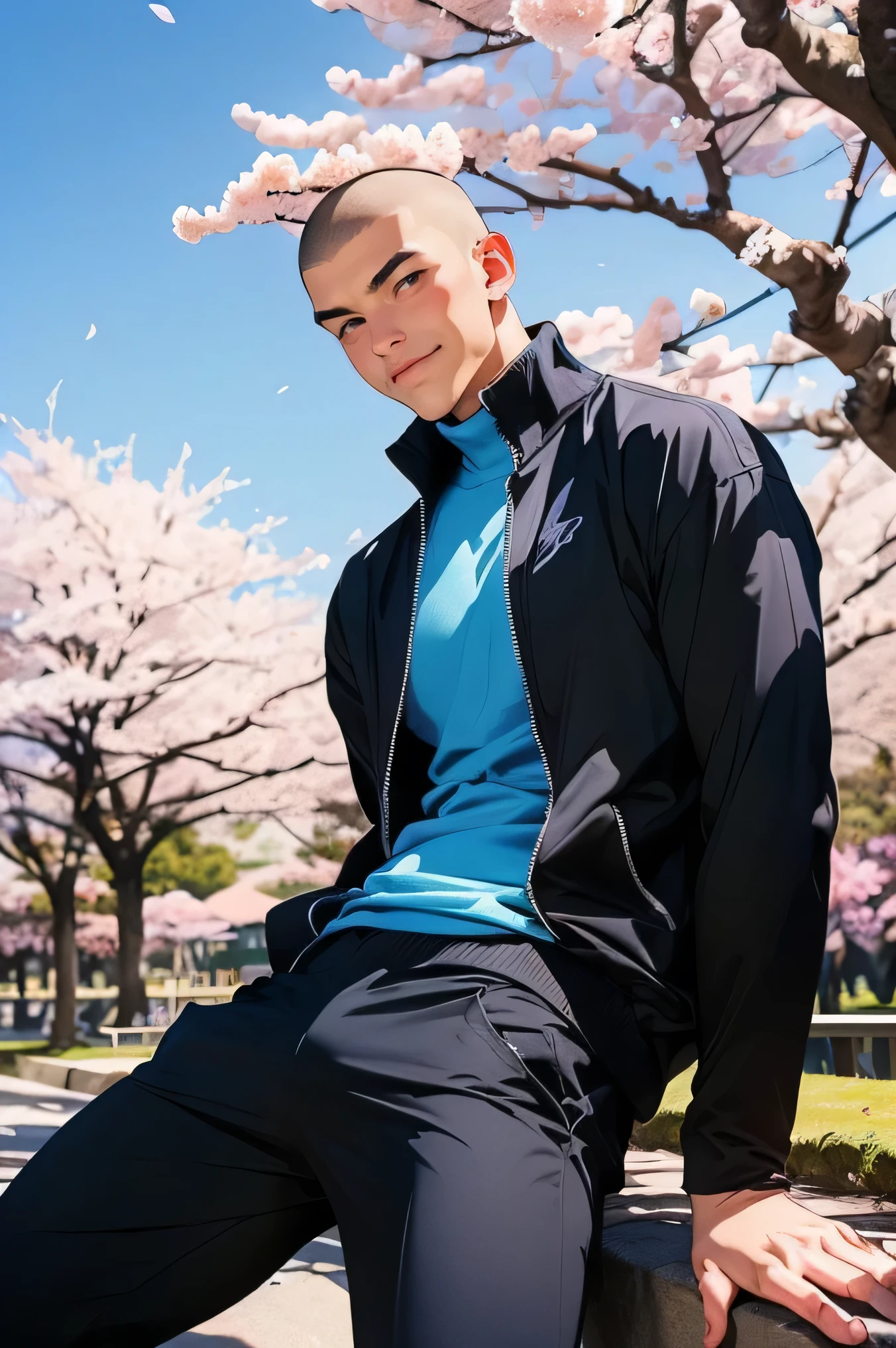 Man Two handsome very short black hair Shaved head Shaved head smile are cool solid black long sleeve black tight high neck shirt full zip up Tight Long Long Pants show me Megamokkori Sit down on the ground wide thigh opening blue sky Cherry blossom trees in the background cherry blossoms in full bloom