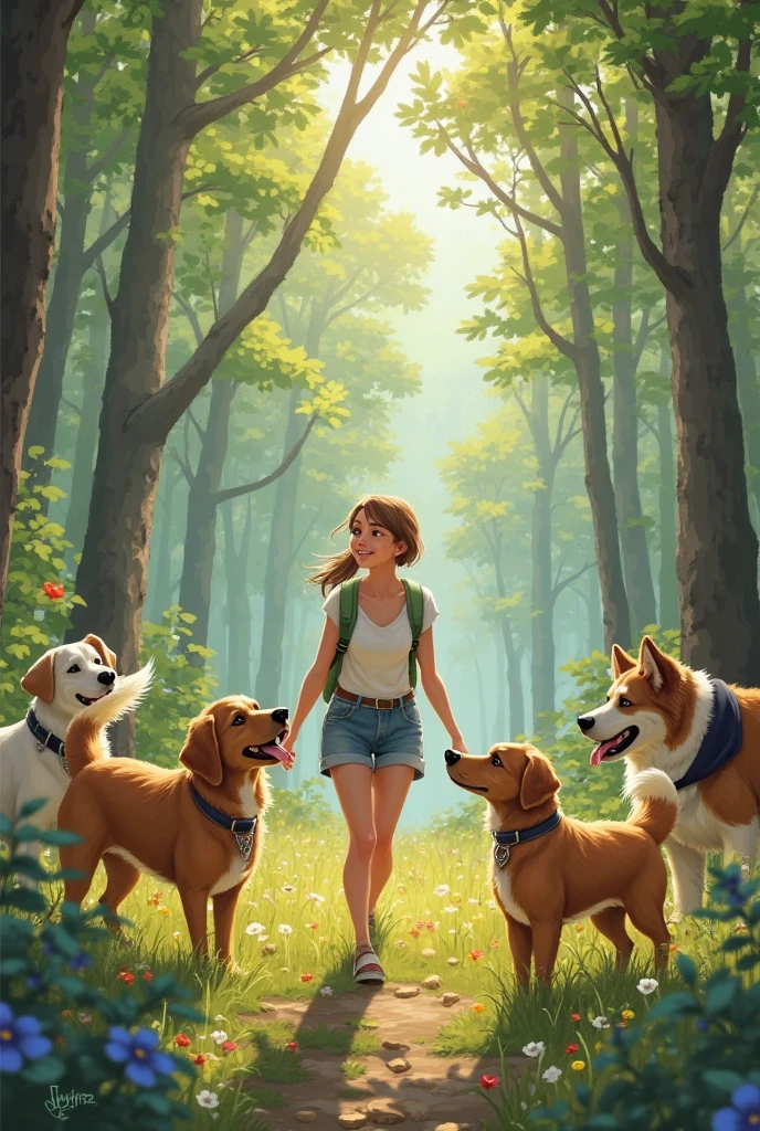One day, while walking in the forest, she finds a group of funny and friendly dogs,