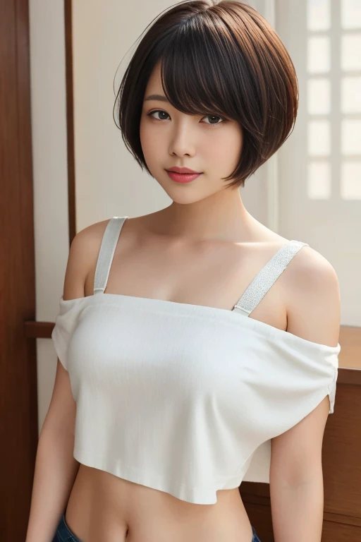８hair, Very detailed, masterpiece, highest quality, Photorealistic, Detailed face, Headshot, Fine Eyes, 25-year-old woman, 1 person, Beautiful face, The lips are thick and full, (Facing forward), Nice body, ((Watching the audience)), (Bobcut:1.1), White T-shirt, Shapely bust