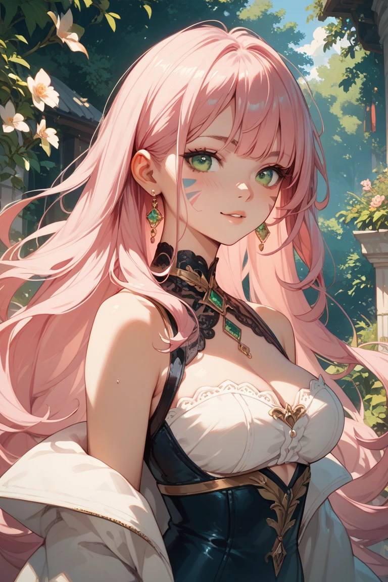 (Best quality, 8K, high resolution, masterpiece:1.2), Digital Artwork, A girl, Delicate face, Delicate eyes, Pink Hair, Long and straight hair, Glowing purple eyes, Red lips, Suspenders, Fantasy Landscape, Vibrant colors, Soft lighting, Whimsical atmosphere, Blooming flowers, floating dress, Fine details, Ethereal Background, Dreamy,凸乳头 巨Large Breasts(10.0) Black and purple clothes highlight nipples(5.0) Large Breasts(10.0) Suspenders,凸乳头 巨Large Breasts(10.0) Black and purple clothes highlight nipples(5.0) Large Breasts(10.0) Suspenders,