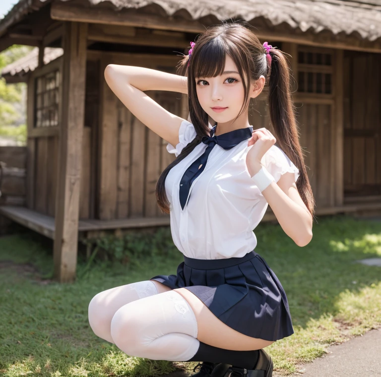 masterpiece、Highest quality、Highest quality, (Long, slender legs, shoes:1.2), (squat, Spread your legs), 1 girl, (smile、Open your mouth大笑い:1.2), Cute eyes, (Detailed face:1.3)、Open your mouth, The whole face turns red, alone, Oversized breasts, Big and ample breasts, (Straight bangs, Twin tails), (White maid outfit:1.2)、(Nipples、Ultra-micro bikini that only covers the bust digs into the skin:1.2)、Side bust、Underbust、belly button、Walking through the mansion'corridor、Browsing Caution、shoes下