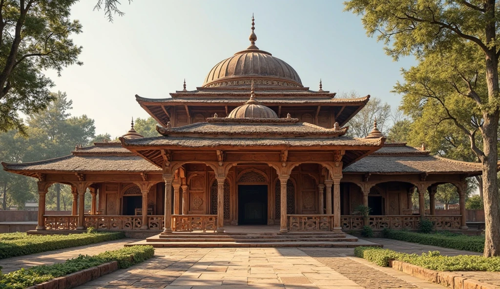 painting of ancient complex royal wood hall of Dvaravati art ,Nepal architecture,brick stone and wood architecture,Nepal architecture roof , ,hyper realism, high quality, photo realism, 128k, UHD ,,landscape painting,front view,spectacular