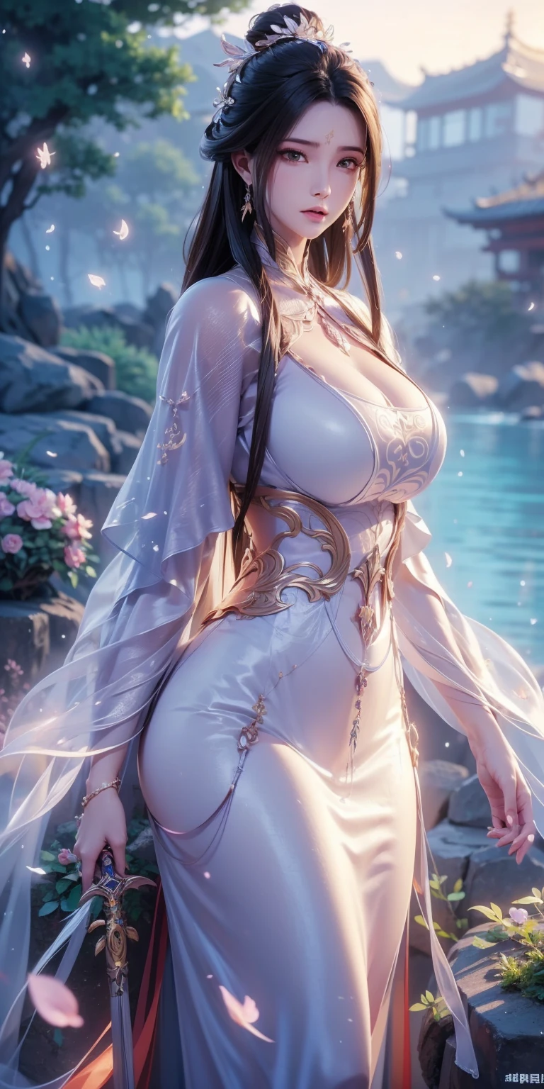 1female,35yo,A MILF,plumw,extremely large bosom, 独奏,(Background with:A desert,lotus flower,pools of water) She has very short blonde hair,bobo head,Stand on the plane,,seen from the front, hair straight, mostly cloudy sky,(((tmasterpiece),(Very detailed CG unity 8K wallpaper),best qualtiy,cinmatic lighting,detailed back ground,beatiful detailed eyes,Bright pupils,Blue eyes,(Very fine and beautiful),(Beautiful and detailed eye description),ultra - detailed,tmasterpiece,)),facing at camera,A high resolution,ultra - detailed),revealing breasts,Bare genitalia, Bulge,legs are open,Raised sexy,Camel toes,Flushed complexion,Desire for dissatisfaction,frontage,Gorgeous woman,Gold Saint Seiya(Wearing:White transparent Hanfu,Bare breasts)Ancient Chinese style