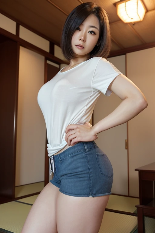 SFW,
One Girl Looks Up at the Mountain over there from the Entrance of the Steep Stone Stairway Leading to the Temple,
Many Temples Exist Halfway in the Mountain,
The Pale Skinned Japanese Girl with Wide-Set Eyes is 17-Year-Old and Has Very Short Bob Cut,
(The Girl Bashfully Blushes and Shows off the Only a Few Buttocks Protruded from Crimson Bloomers to the Viewer and Opens Mouse Slightly),
(The Girl Wares White Gym Shirts Having a Long Length),
Medium ASS, Small Breasts, slender waist, Ecstasy, Smiling, Cheerful, Pouted Cheek, Very high protruding buttocks,
from Below:1.2, from Back:1.2, from Side:1.0, Full Body, Dynamic Angle,
8K, RAW Photo, Best Quality, Masterpiece, Realistic, PhotoRealistic, Extremely Detailed 8K Wallpaper, (Perfectly anatomically correct:2.0), Beautifully Detailed Eyes, Finely Detailed Face,
(Professional Lighting:1.6)